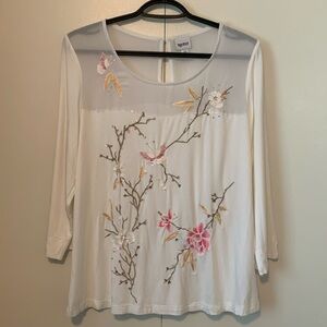 Together Embroidered Floral 3/4 Sleeve Upper Sheer White Top Size Large